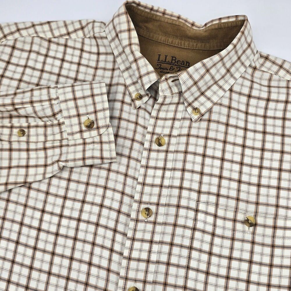 L.L. Bean Town & Field White and Brown Check Button Down Shirt Men's L Tall